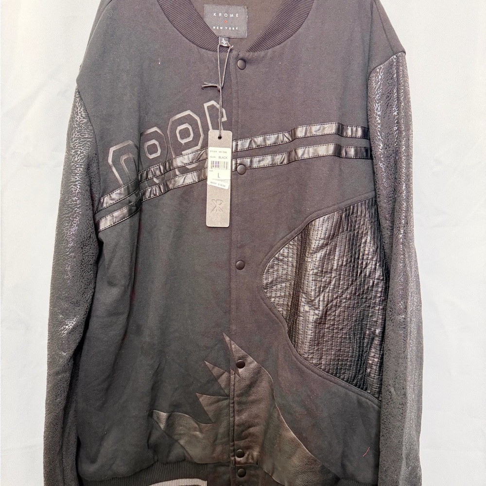 Krome + New york Jacket Black Y2K Button Varsity Size L Msrp $98 NWT Cotton